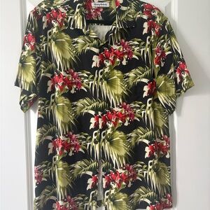 Tommy Bahama Black Hawaiian Shirt with Green Palm Leaves and Red Floral Print